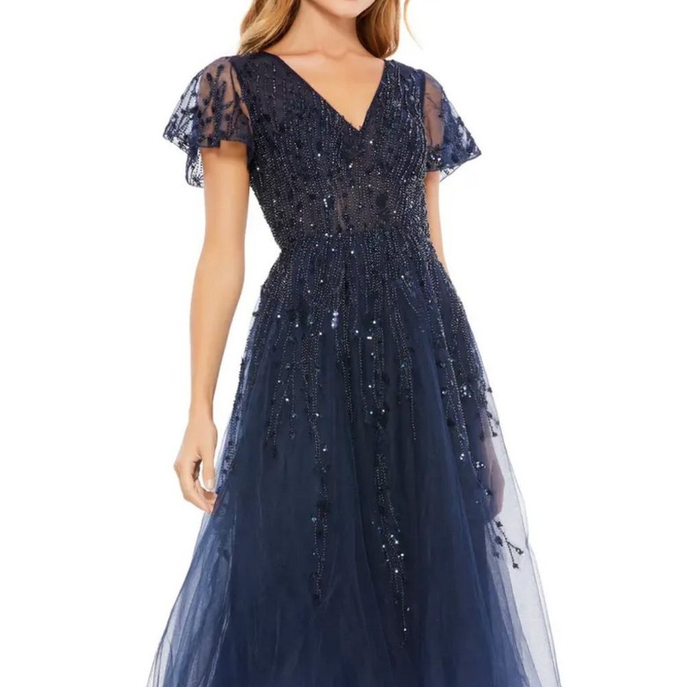 Mac Duggal Midnight Blue Beaded Tulle Midi Dress